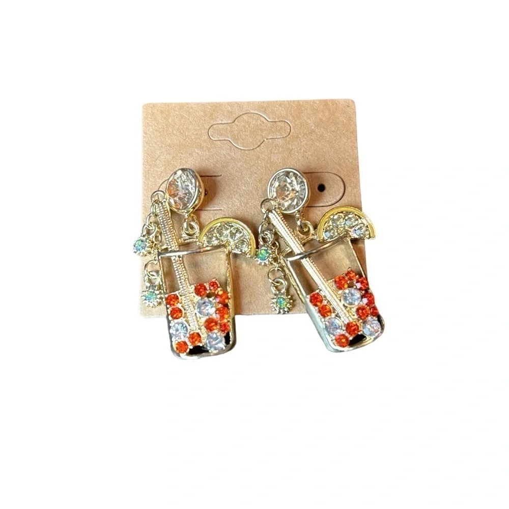Tropical Drink Rhinestone Dangle Earrings NWOT